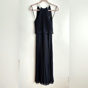 Xscape Petite Navy Blue Pleated Halter Maxi Formal Cocktail Dress Size 4P